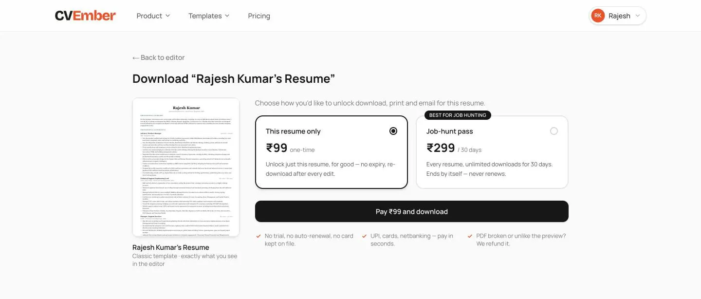 The checkout page: a thumbnail of the resume and three ways to pay: 1 month, 3 months or lifetime.