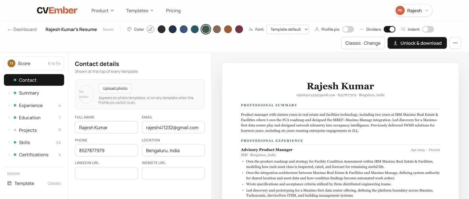 The editor with the Contact panel open: photo upload, and fields for name, email, phone, location and links.
