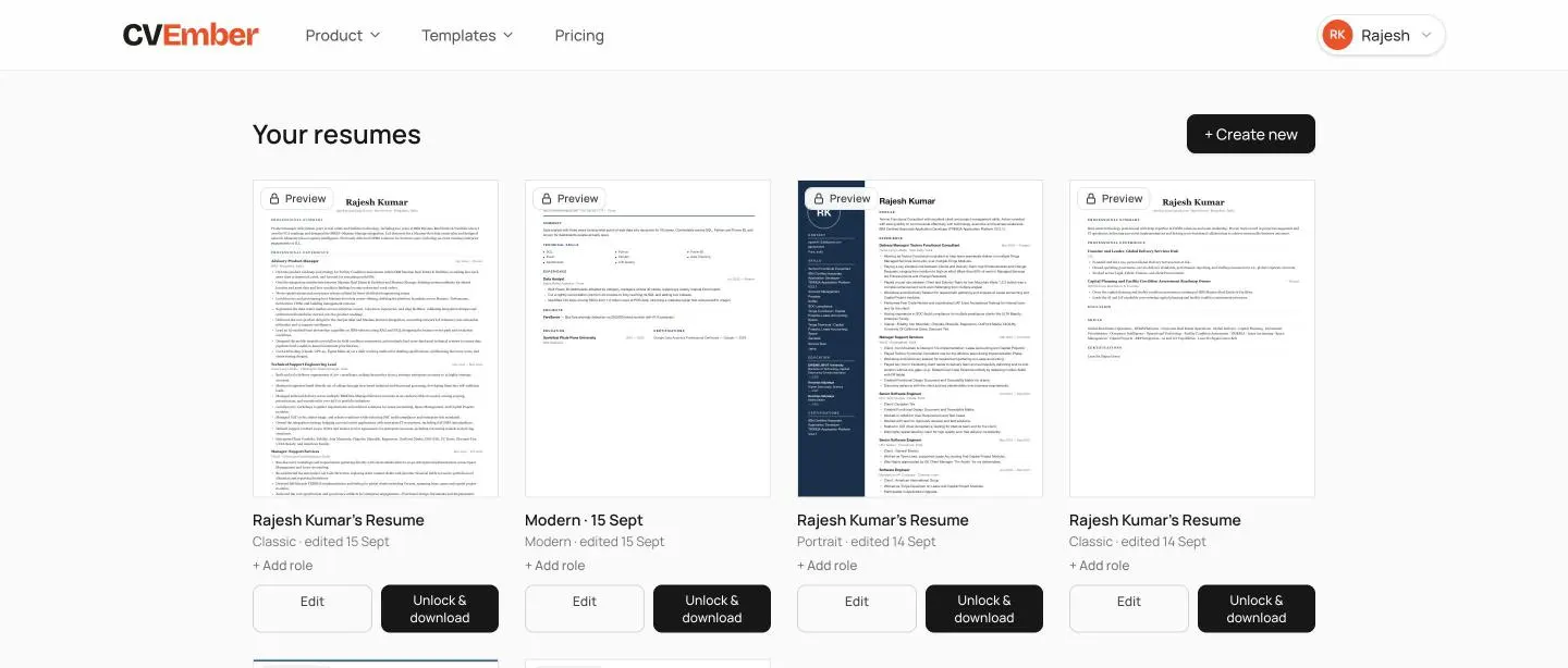 The dashboard: resume cards with Preview tags, template name and edit date, an Edit button and a Download button.
