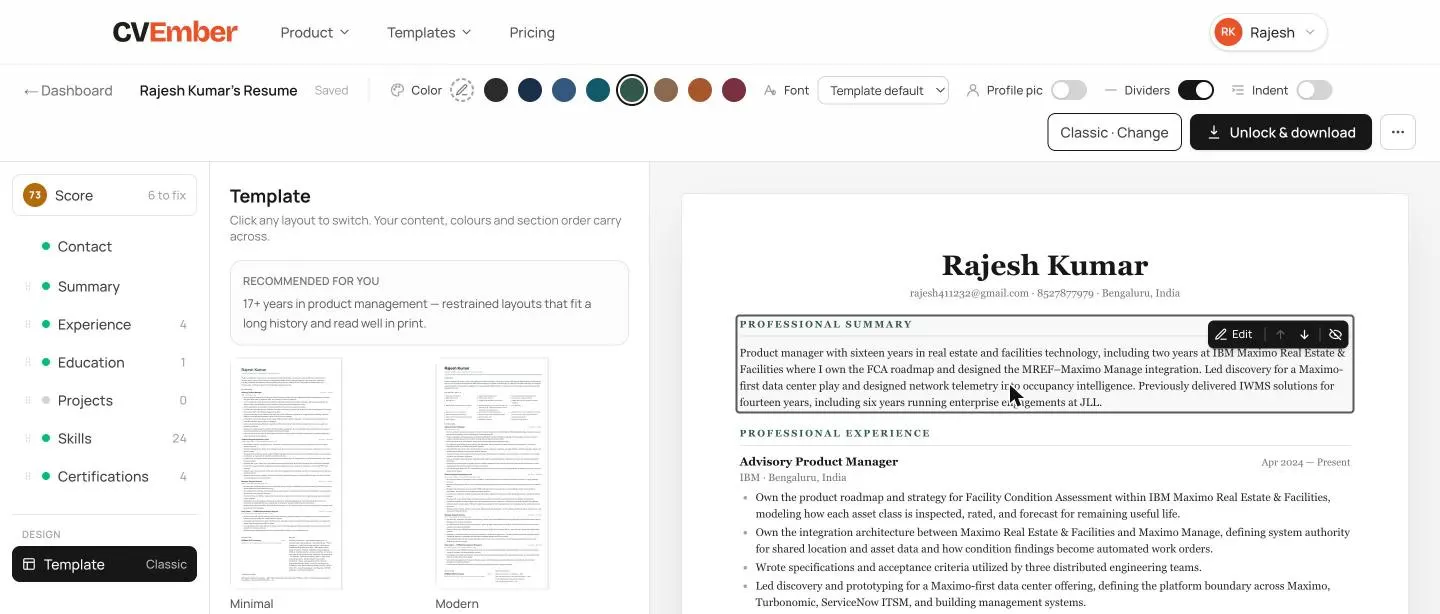 Hovering the summary on the document shows a tight highlight with an Edit button, up and down arrows, and a hide icon.