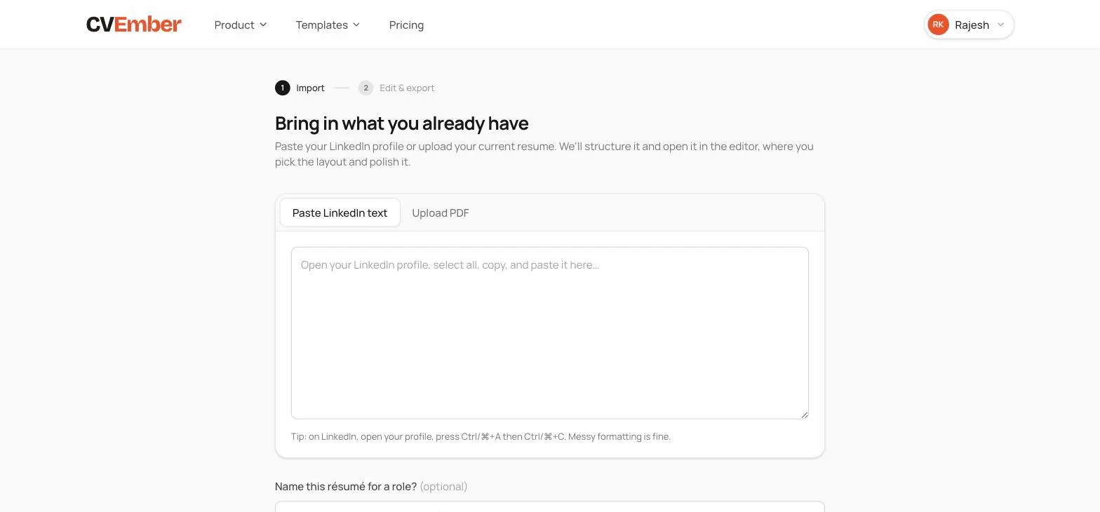 The import screen with a Paste LinkedIn text tab, a large text box, and an Upload PDF tab.