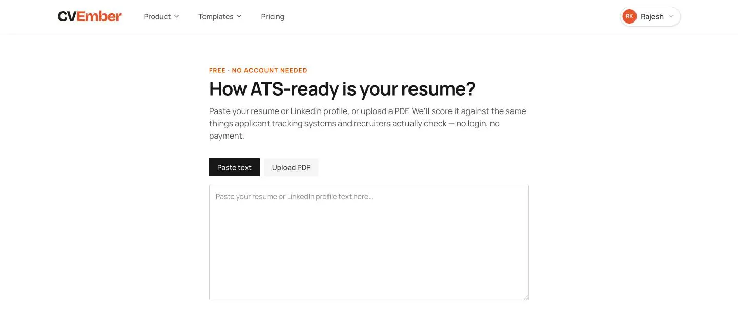 The Resume Checker page: paste text or upload a PDF to get a score.