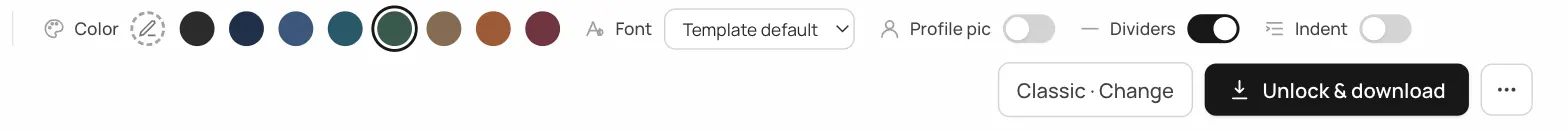 The style bar: colour swatches with a custom colour picker, a Font dropdown, and Profile pic, Dividers and Indent switches.
