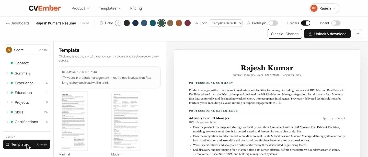 The Template panel with a Recommended for you box explaining the choice, and thumbnails of the resume in each layout.