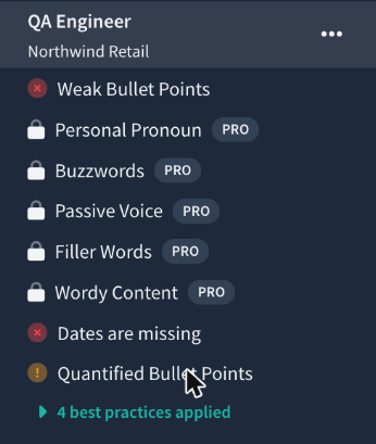 Rezi's per-role checklist in the editor: weak bullet points, personal pronoun, buzzwords, passive voice, filler words, wordy content, dates and quantified bullets, with five of them locked behind Pro.