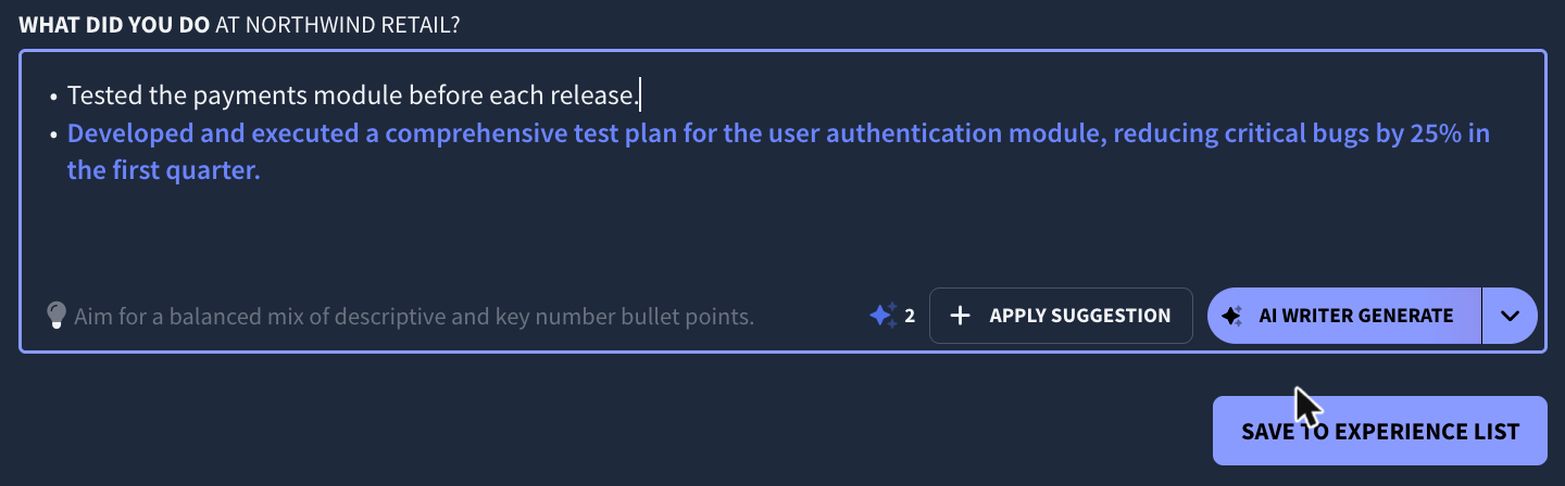 Rezi's bullet box with a typed bullet and an AI suggestion that ends with 'reducing critical bugs by 25% in the first quarter'.